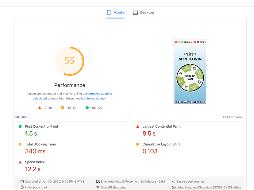 Page speed score after optimization - 55